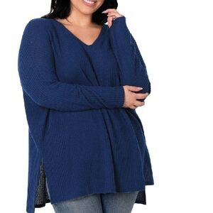 Waffle Sweater Top V Neck Long Sleeve Light Weight Dk Blue Plus 1X 2X 3X